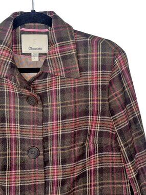 Faconnable Wool Blend Brown, Ivory & Pink Plaid Long Sleeve Jacket - Size L